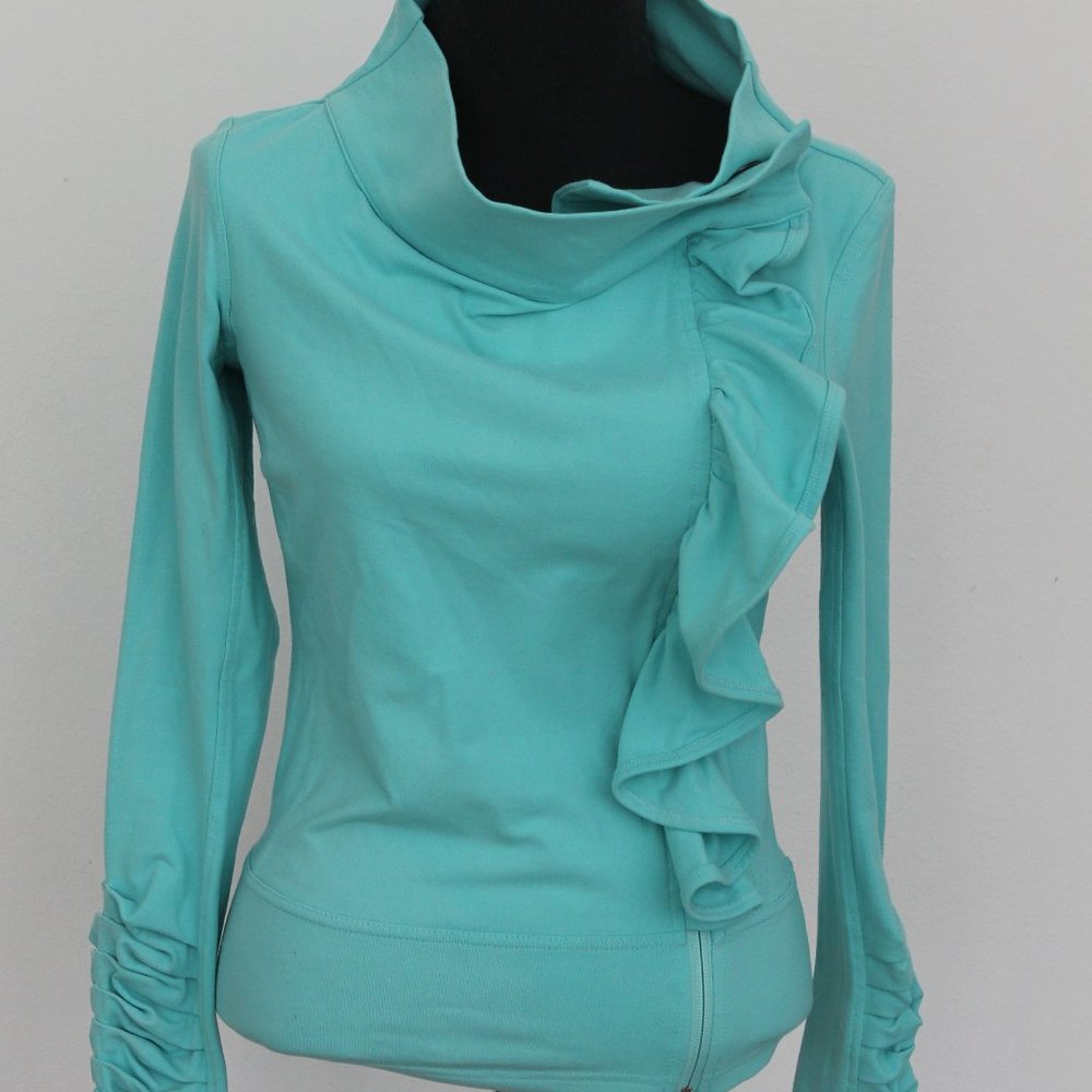 KARMA San Suu ruffle Sz XS Zip jacket TIFFANY Blue Aqua Workout SWEATSHIRT